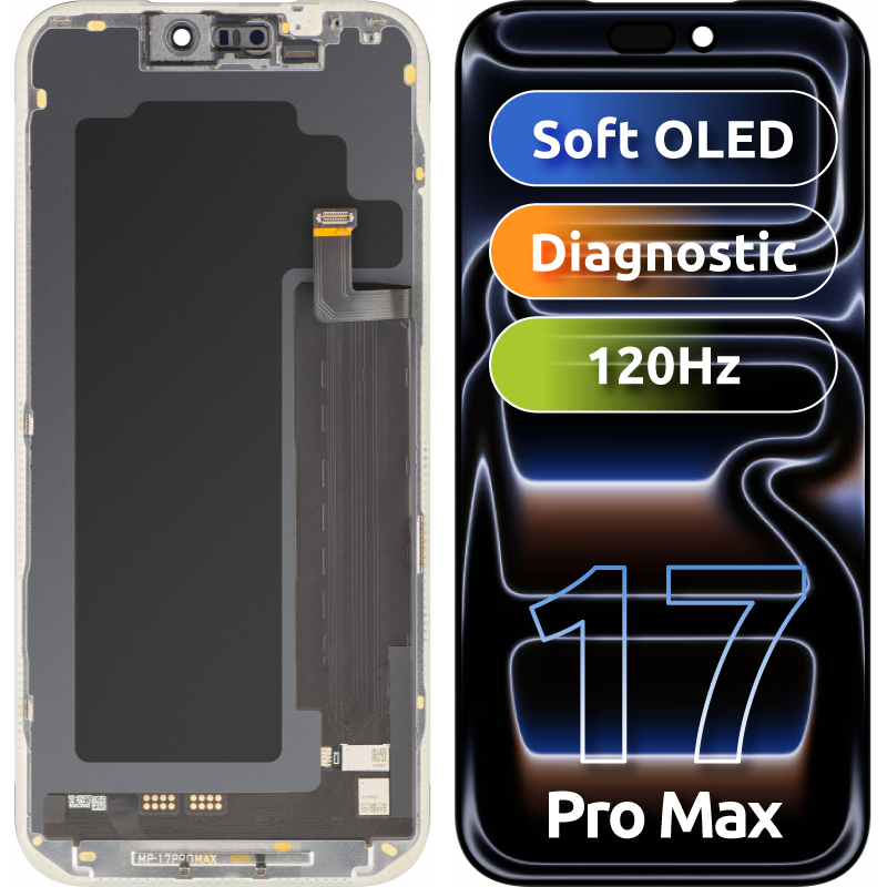 MP érintőképernyős kijelző kompatibilis az Apple iPhone 17 Pro Max készülékkel, kerettel, OLED FHD diagnosztikai szoftververzió, fekete