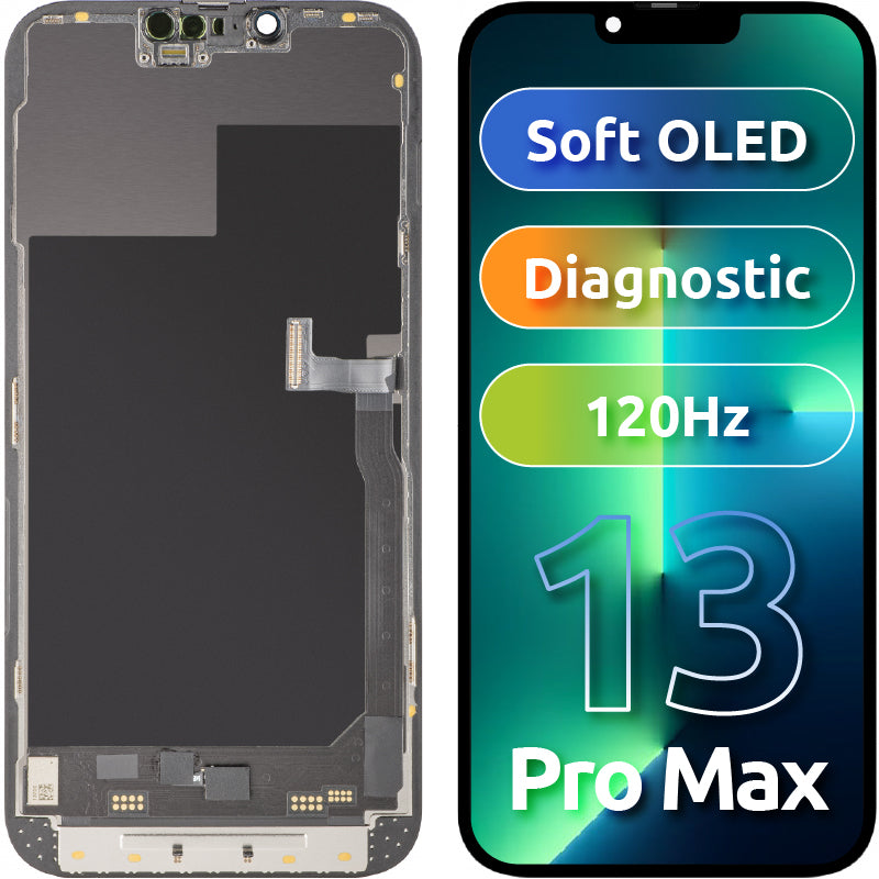 MP érintőképernyős kijelző kompatibilis az Apple iPhone 13 Pro Max-szal, kerettel, Soft OLED 120Hz FHD Diagnosztikai verzió, Fekete