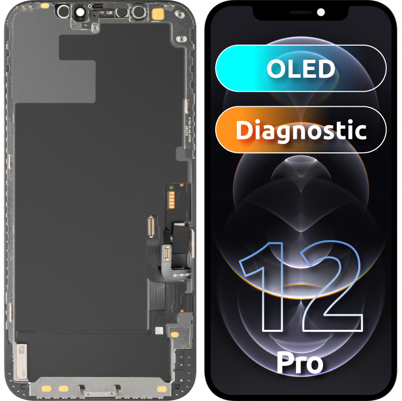 MP érintőképernyős kijelző kompatibilis az Apple iPhone 12 / 12 Pro-val, kerettel, OLED Diagnosztikai verzió, Fekete