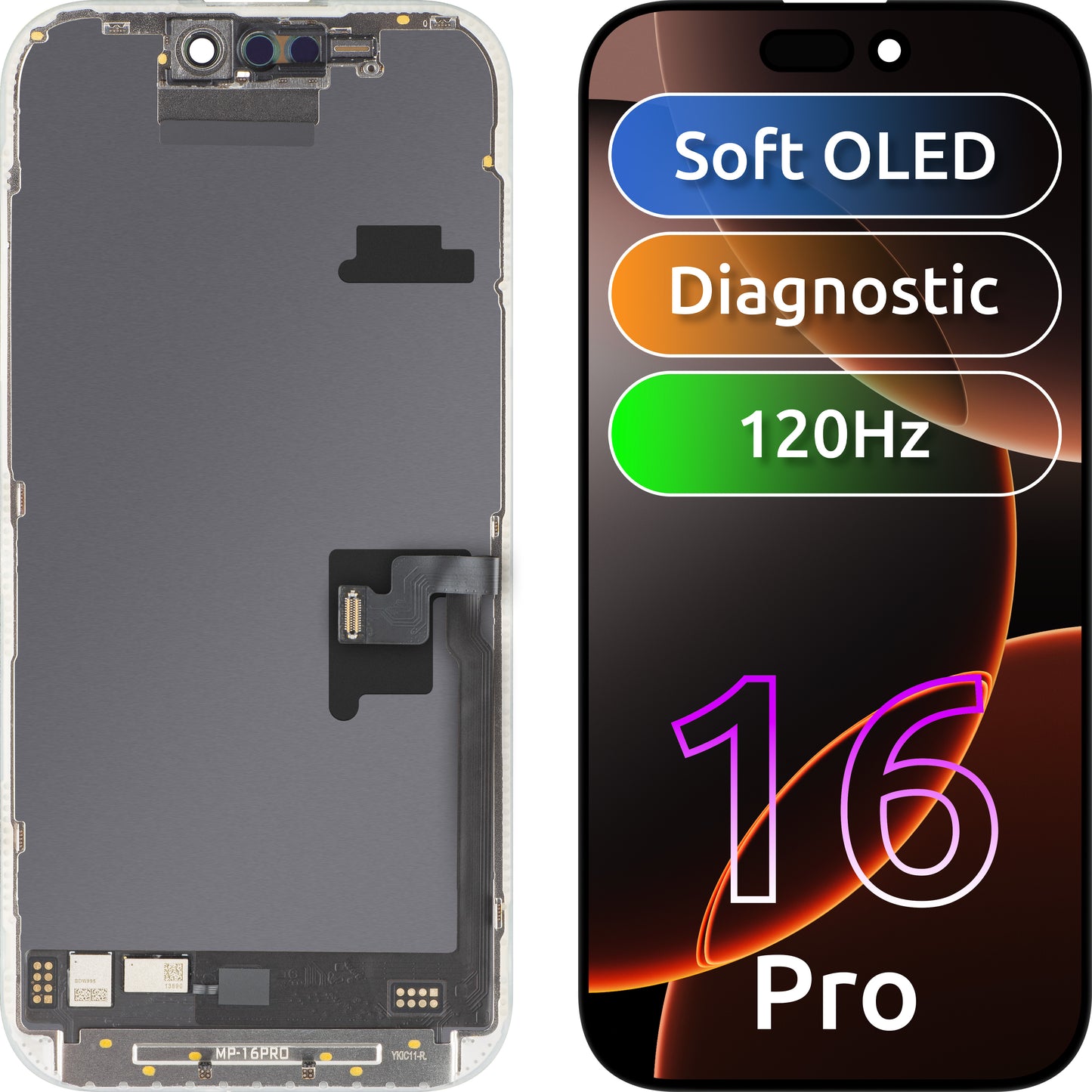 MP érintőképernyős kijelző kompatibilis az Apple iPhone 16 Pro készülékkel, kerettel, Soft OLED FHD 120Hz diagnosztikai verzió, fekete