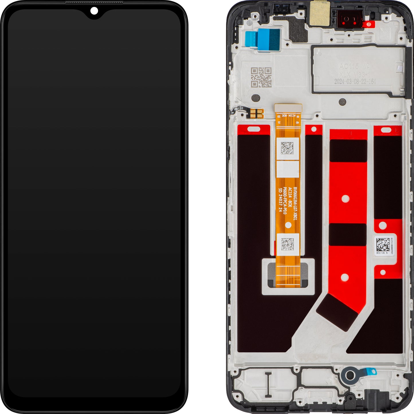 Oppo A18 / A38 érintőképernyős kijelző kerettel, fekete, szervizcsomag 621029000099