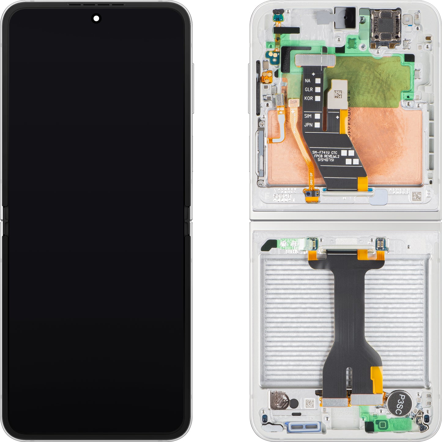 Samsung Galaxy Z Flip6 F741 kijelző érintőképernyővel, kerettel, belső alrésszel, fehér, Service Pack GH82-35014F