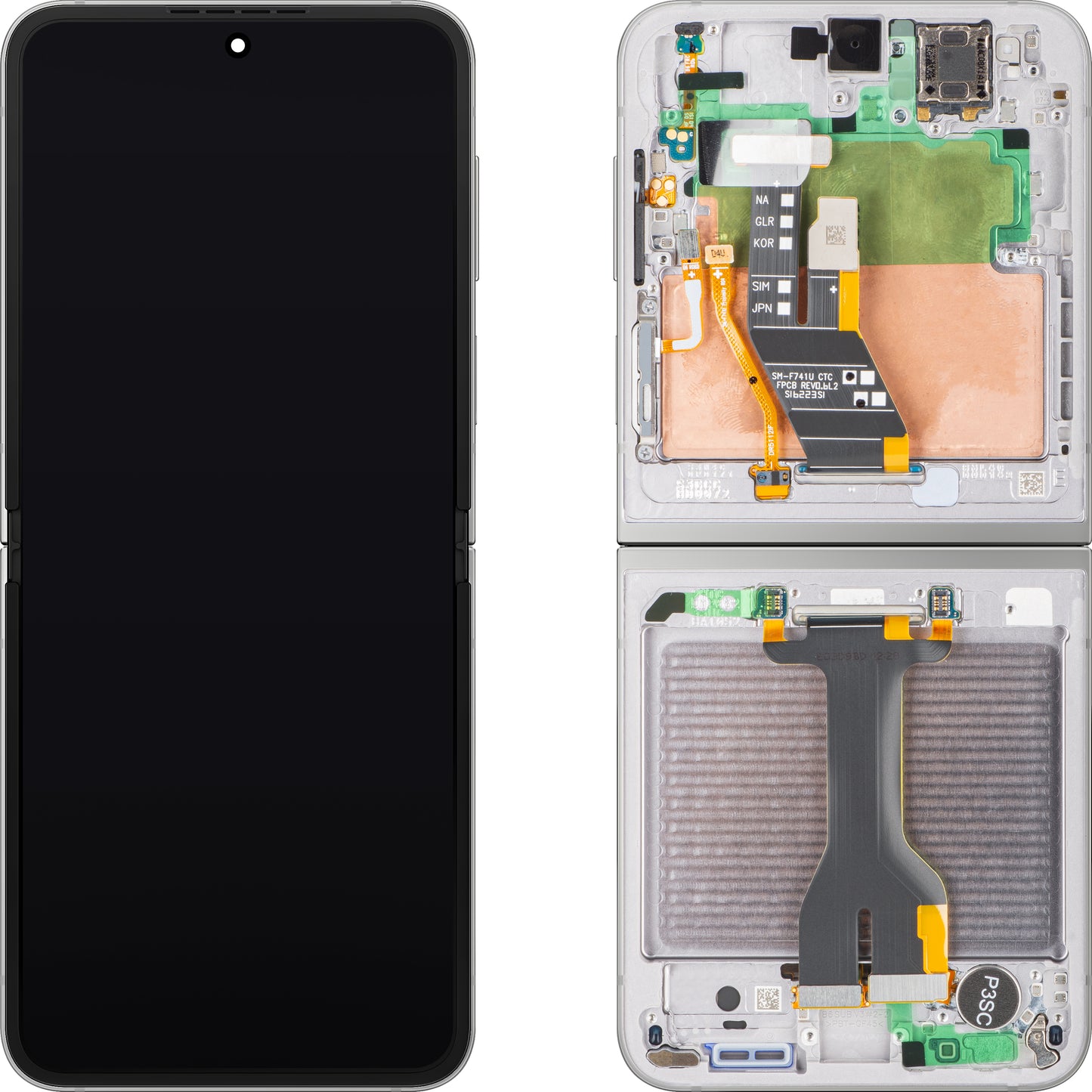 Samsung Galaxy Z Flip6 F741 kijelző érintőképernyővel, kerettel, belső alrésszel, ezüst (Silver Shadow), szervizcsomag GH82-35013A