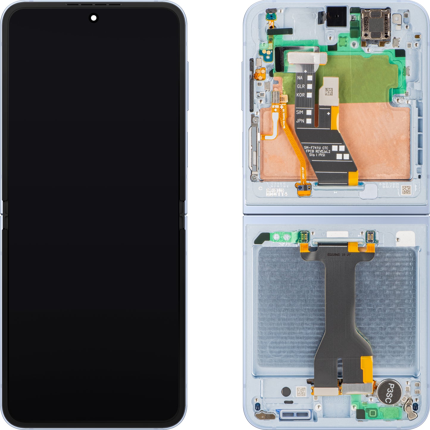 Samsung Galaxy Z Flip6 F741 kijelző érintőképernyővel, kerettel, belső alrésszel, kék, szervizcsomag GH82-35014C