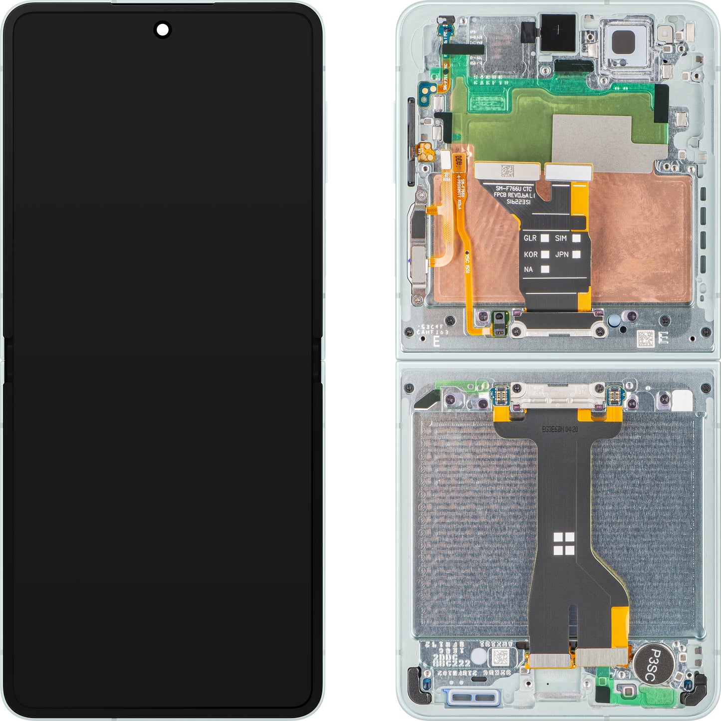 Samsung Galaxy Z Flip7 F766 érintőképernyős kijelző, kerettel, belső aljjal, zöld (menta), Service Pack GH82-37581E