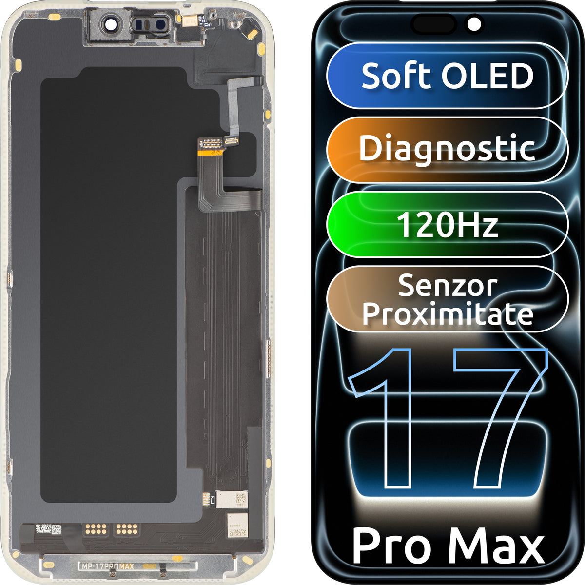 MP érintőképernyős és fényközelségérzékelős kijelző Apple iPhone 17 Pro Max kompatibilis, kerettel, OLED FHD 120Hz diagnosztikai szoftververzió, fekete