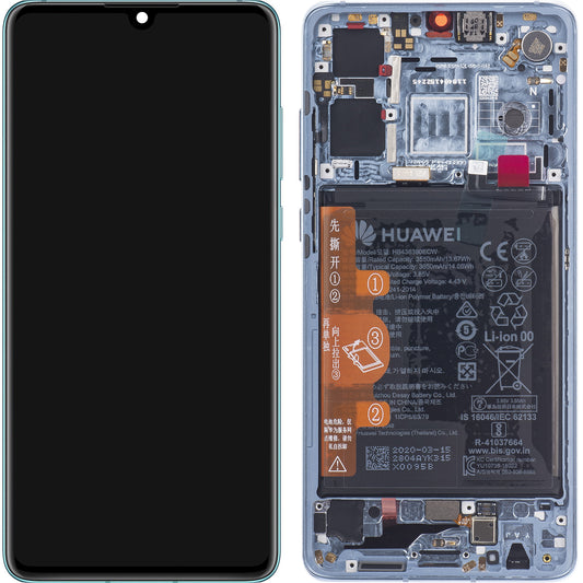 Érintőképernyős kijelző Huawei P30, kerettel és akkumulátorral, kék (lélegző kristály), szervizcsomag 02354HMF
