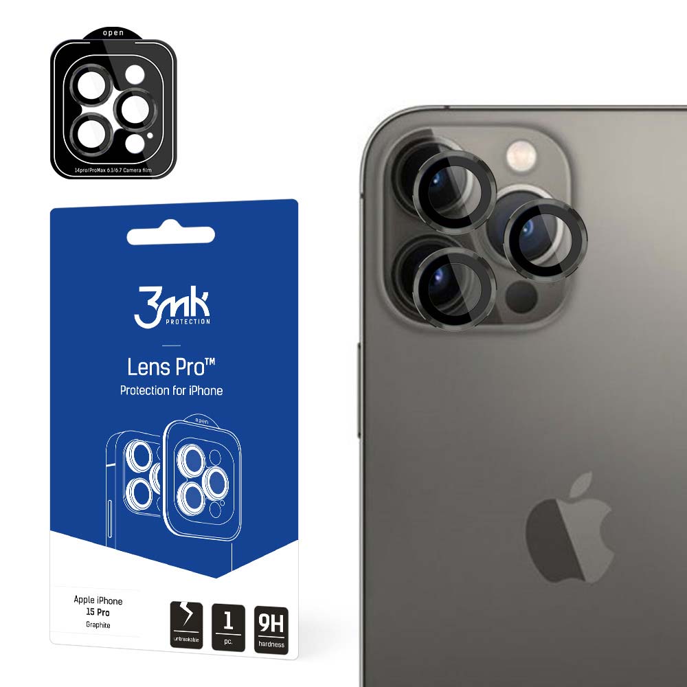 3MK hátsó kamera védőfólia Apple iPhone 15 Pro-hoz, Edzett üveg, Fekete