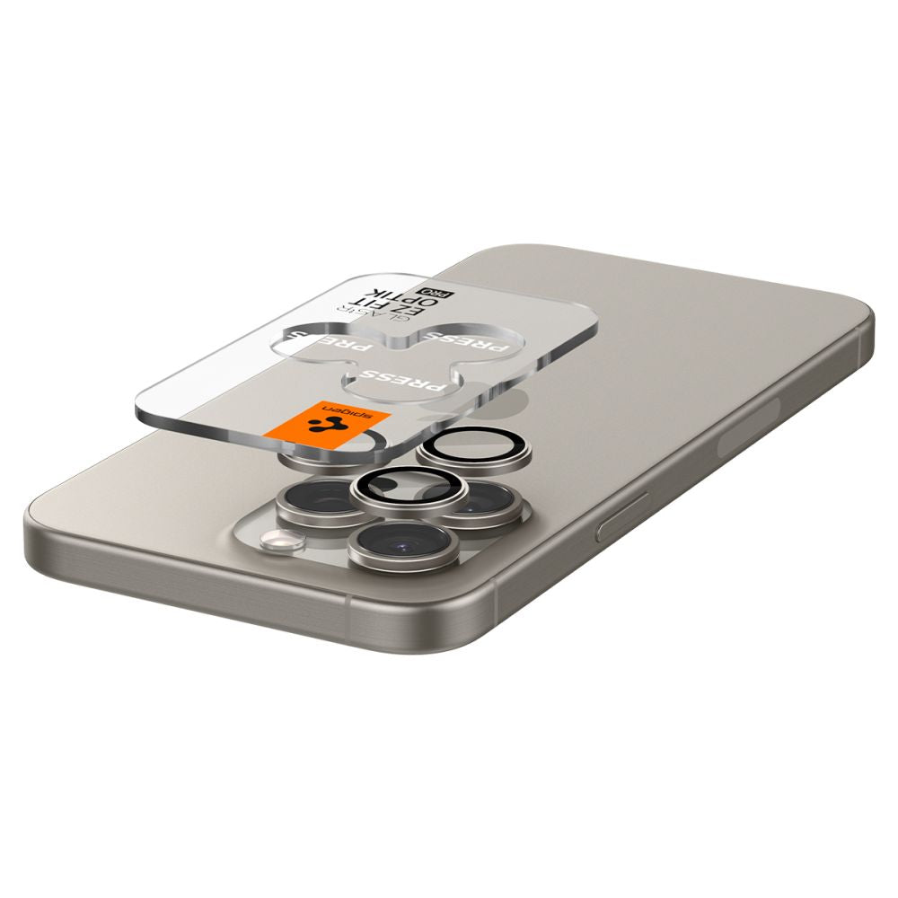Hátsó kamera védőfólia Spigen EZ FIT az Apple iPhone 15 Pro Max / 15 Pro készülékhez, üvegvédelem, 2 darabos készlet, szürke AGL07163