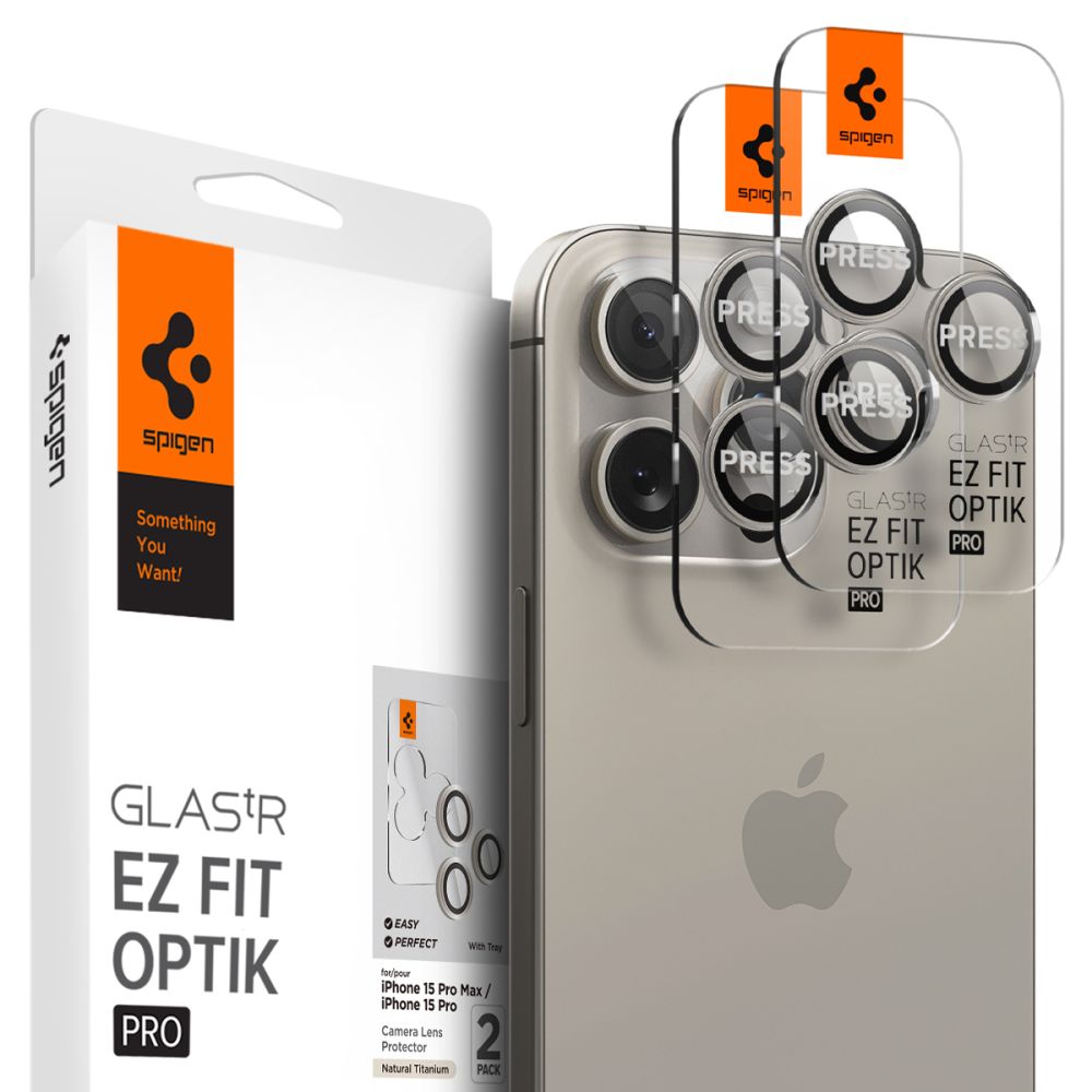 Hátsó kamera védőfólia Spigen EZ FIT az Apple iPhone 15 Pro Max / 15 Pro készülékhez, üvegvédelem, 2 darabos készlet, szürke AGL07163