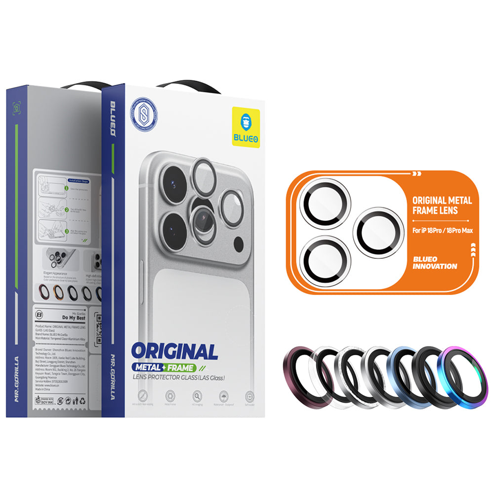 Blueo Metal Frame hátlapi kameravédő fólia Apple iPhone 18 Pro / 18 Pro Max készülékhez, edzett üveg, átlátszó