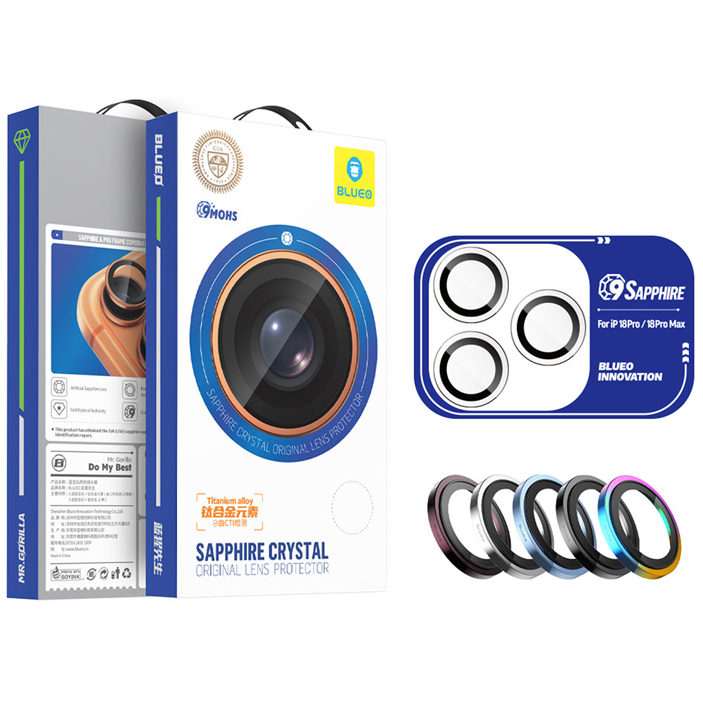 Blueo Sapphire Crystal hátlapi kameravédő fólia Apple iPhone 18 Pro / 18 Pro Max készülékhez, edzett üveg, többszínű