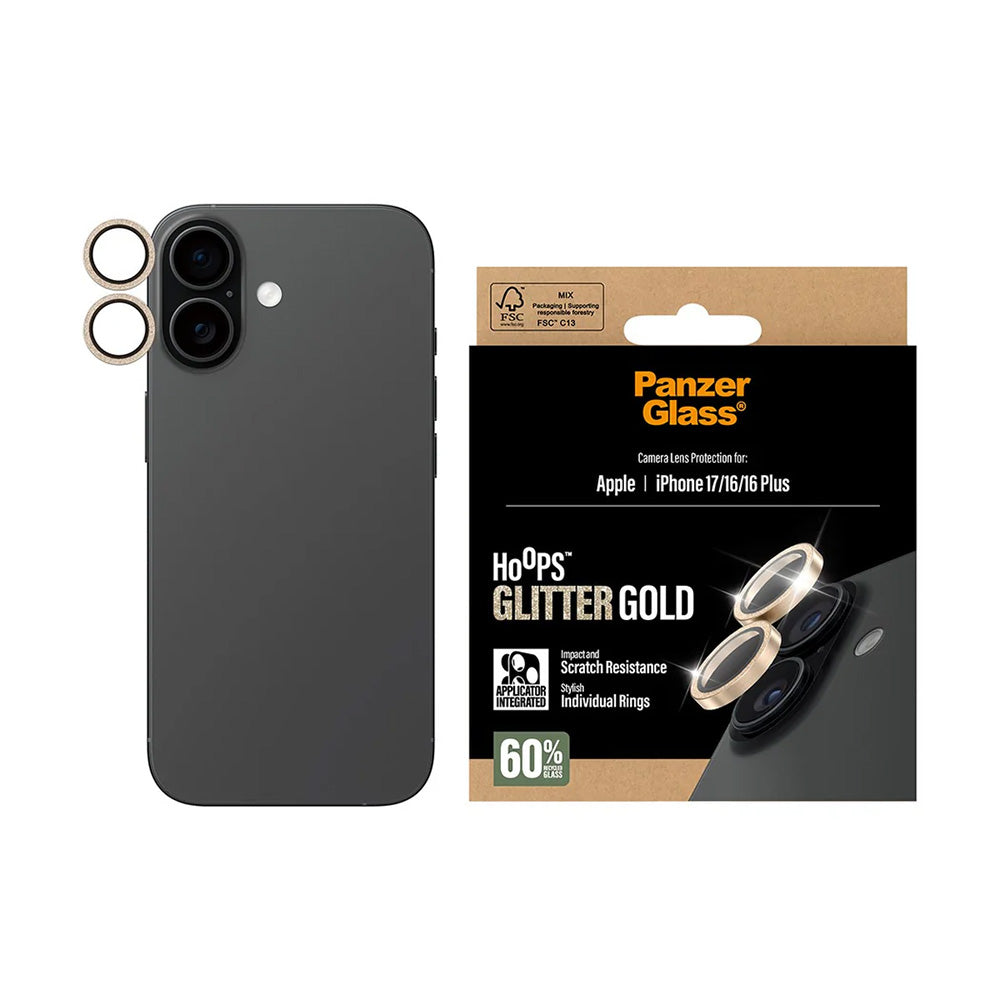 Hátsó kamera védőfólia PanzerGlass Hoops Glitter Apple iPhone 17 / 16 Plus / 16 készülékekhez, Edzett üveg, Arany színű