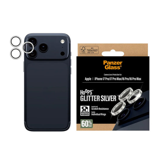 Védőfólia PanzerGlass Hoops Glitter az Apple iPhone 17 Pro Max / 17 Pro / 16 Pro Max / 16 Pro hátsó kamerájához, Edzett üveg, Ezüst színű