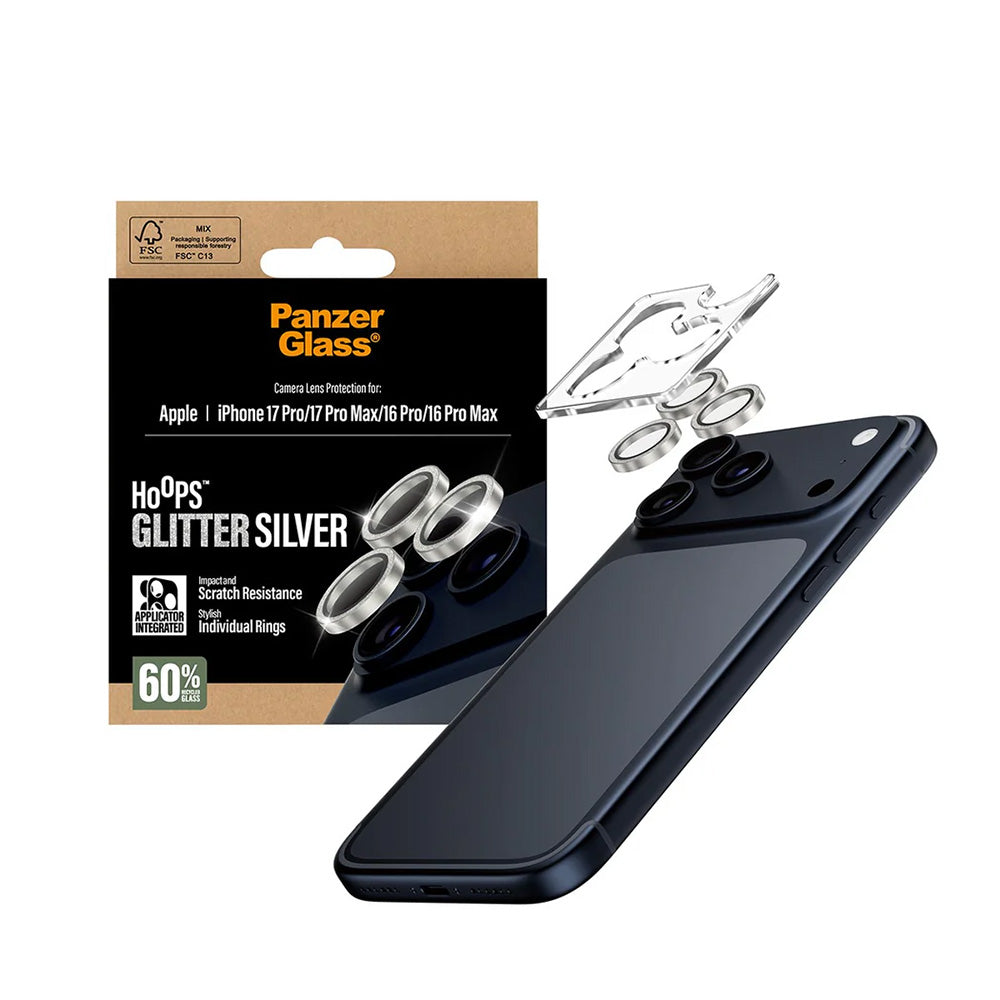 Védőfólia PanzerGlass Hoops Glitter az Apple iPhone 17 Pro Max / 17 Pro / 16 Pro Max / 16 Pro hátsó kamerájához, Edzett üveg, Ezüst színű