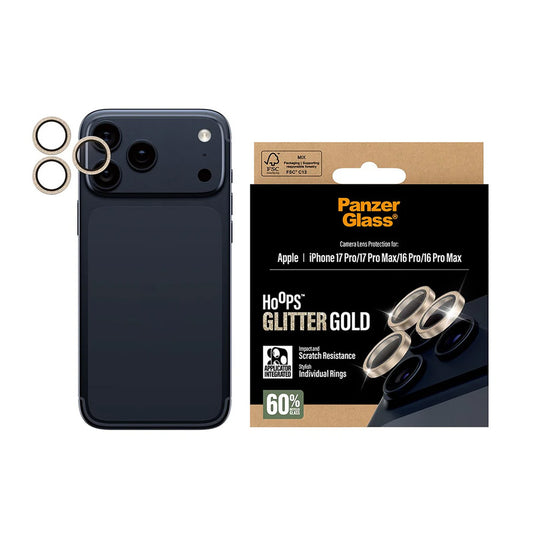 Hátsó kamera védőfólia PanzerGlass Hoops Glitter Apple iPhone 17 Pro Max / 17 Pro / 16 Pro Max / 16 Pro készülékekhez, Edzett üveg, Arany színű
