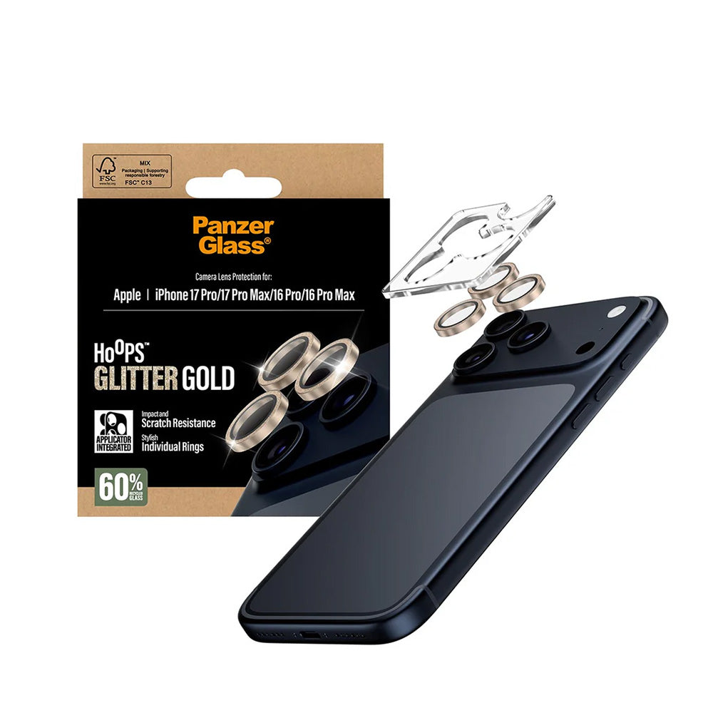 Hátsó kamera védőfólia PanzerGlass Hoops Glitter Apple iPhone 17 Pro Max / 17 Pro / 16 Pro Max / 16 Pro készülékekhez, Edzett üveg, Arany színű