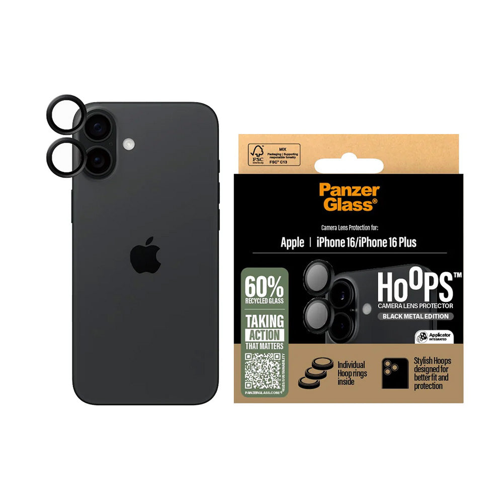 Védőfólia PanzerGlass Hoops az Apple iPhone 16 Plus / 16 hátsó kamerájához, Edzett üveg, Fekete