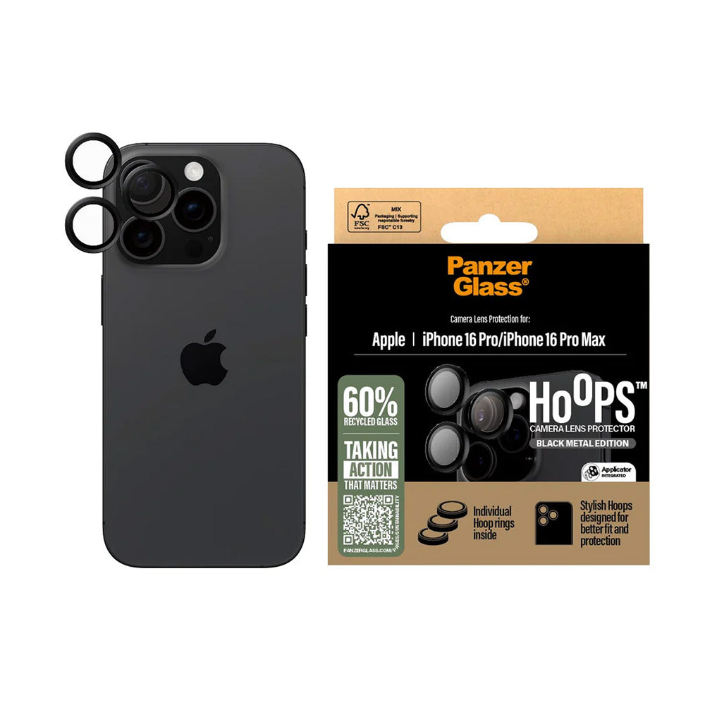 Hátsó kamera védőfólia PanzerGlass Hoops Apple iPhone 16 Pro Max / 16 Pro készülékhez, Edzett üveg, Fekete