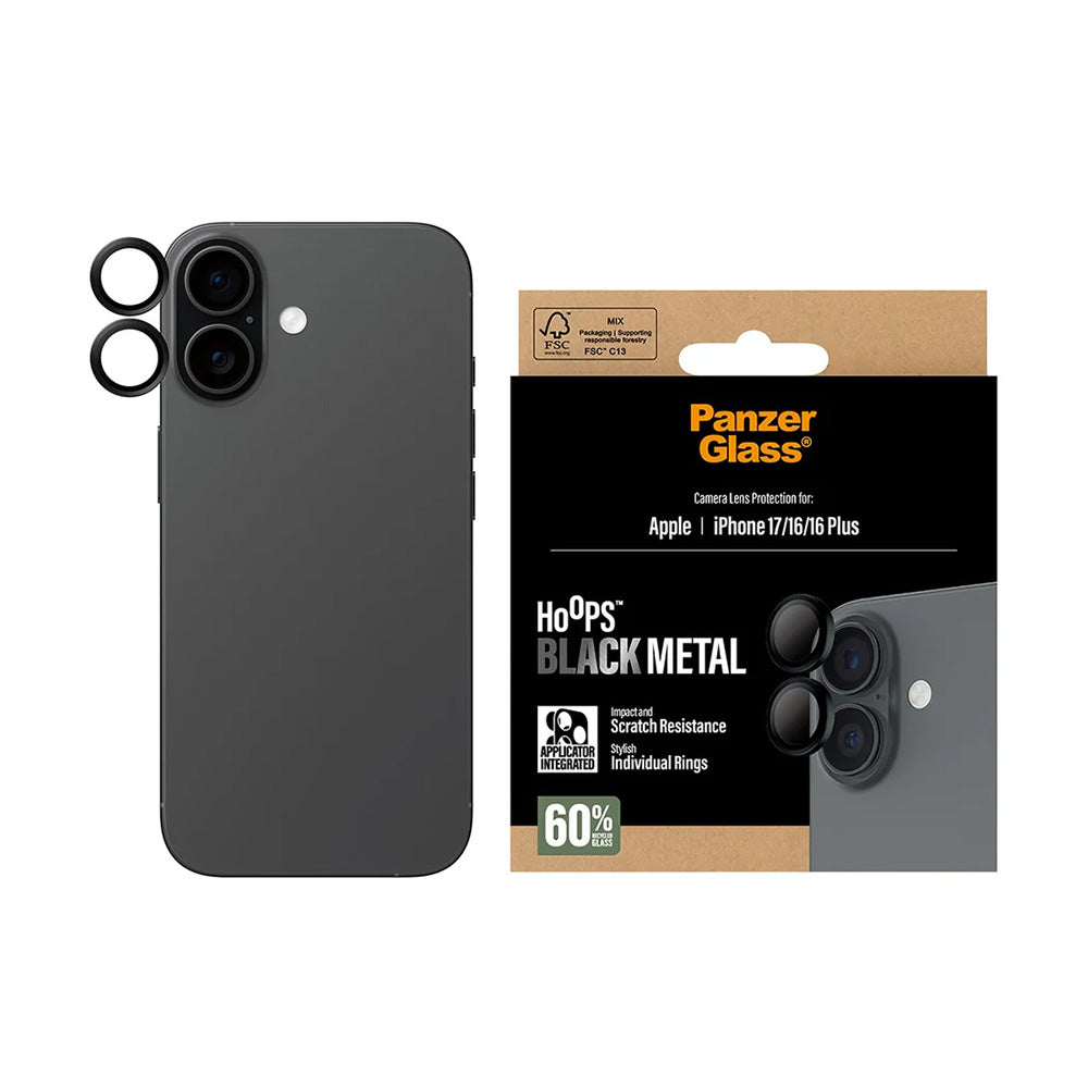 Hátsó kamera védőfólia PanzerGlass Hoops Apple iPhone 17 / 16 Plus / 16 készülékekhez, Edzett üveg, Fekete