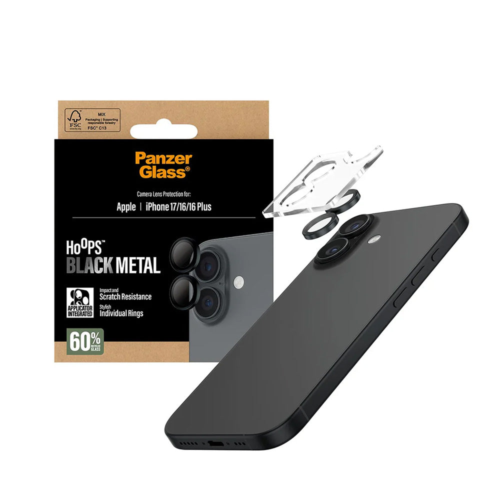 Hátsó kamera védőfólia PanzerGlass Hoops Apple iPhone 17 / 16 Plus / 16 készülékekhez, Edzett üveg, Fekete