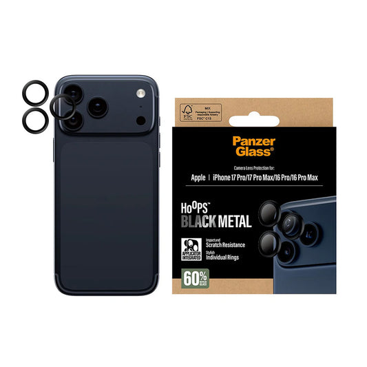 Hátsó kamera védőfólia PanzerGlass Hoops Apple iPhone 17 Pro Max / 17 Pro / 16 Pro Max / 16 Pro készülékekhez, Edzett üveg, Fekete