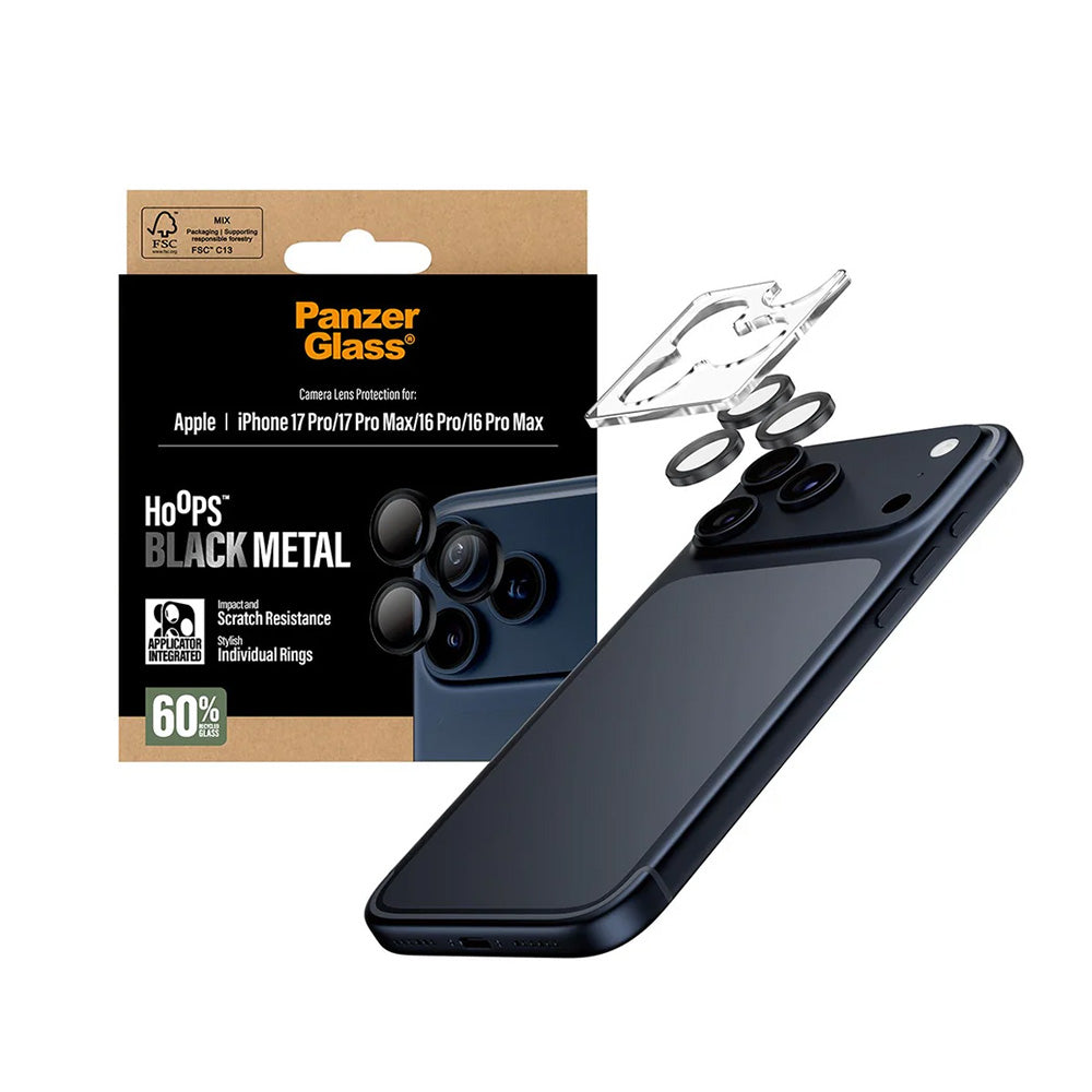 Hátsó kamera védőfólia PanzerGlass Hoops Apple iPhone 17 Pro Max / 17 Pro / 16 Pro Max / 16 Pro készülékekhez, Edzett üveg, Fekete