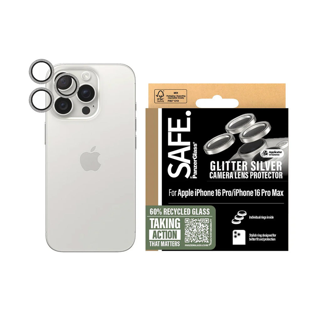 PanzerGlass Safe hátsó kamera védőfólia. Glitter az Apple iPhone 16 Pro Max / 16 Pro készülékhez, Edzett üveg, Ezüst színű