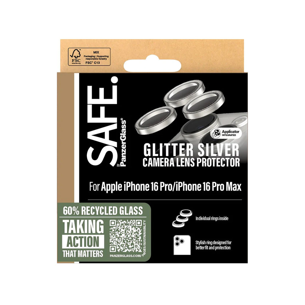 PanzerGlass Safe hátsó kamera védőfólia. Glitter az Apple iPhone 16 Pro Max / 16 Pro készülékhez, Edzett üveg, Ezüst színű