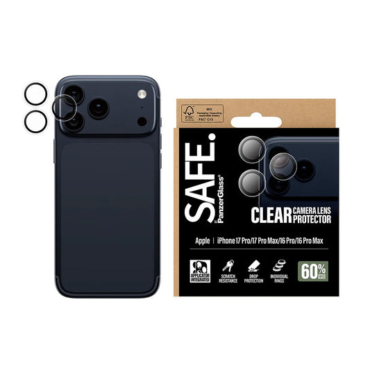PanzerGlass Safe hátsó kamera védőfólia. Apple iPhone 17 Pro Max / 17 Pro / 16 Pro Max / 16 Pro készülékekhez, Edzett üveg, Átlátszó