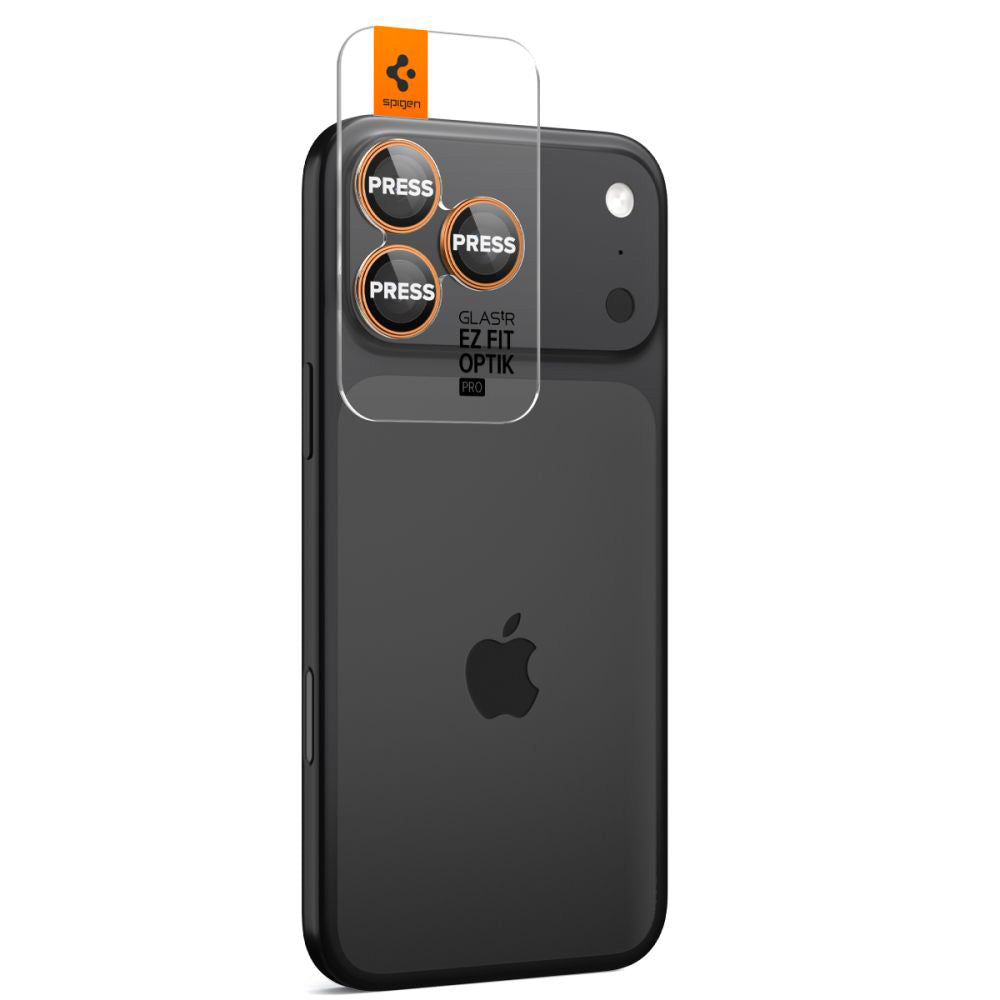 Spigen GlastR EZ FIT Optik Pro hátsó kamera védőfólia Apple iPhone 17 Pro Max / 17 Pro készülékhez, Edzett üveg, 2 darabos készlet, Narancssárga