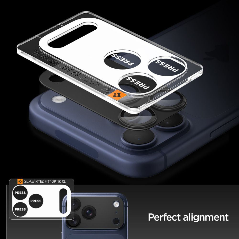 Spigen GlastR EZ FIT Optik Pro XL hátsó kamera védőfólia Apple iPhone 17 Pro-hoz, Edzett üveg, Fekete AGL10644
