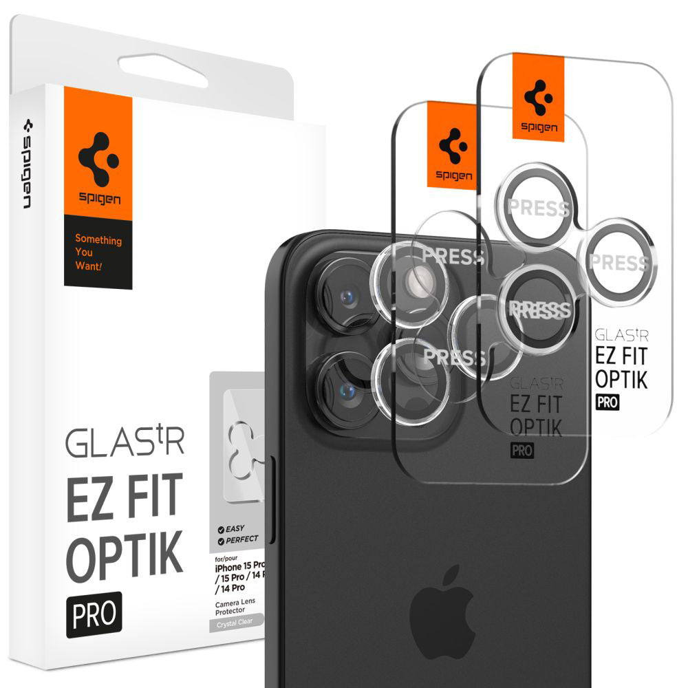 Spigen GlastR EZ FIT Optik Pro hátsó kamera védőfólia Apple iPhone 17 Pro Max / 17 Pro készülékhez, Edzett üveg, 2 darabos készlet, Átlátszó