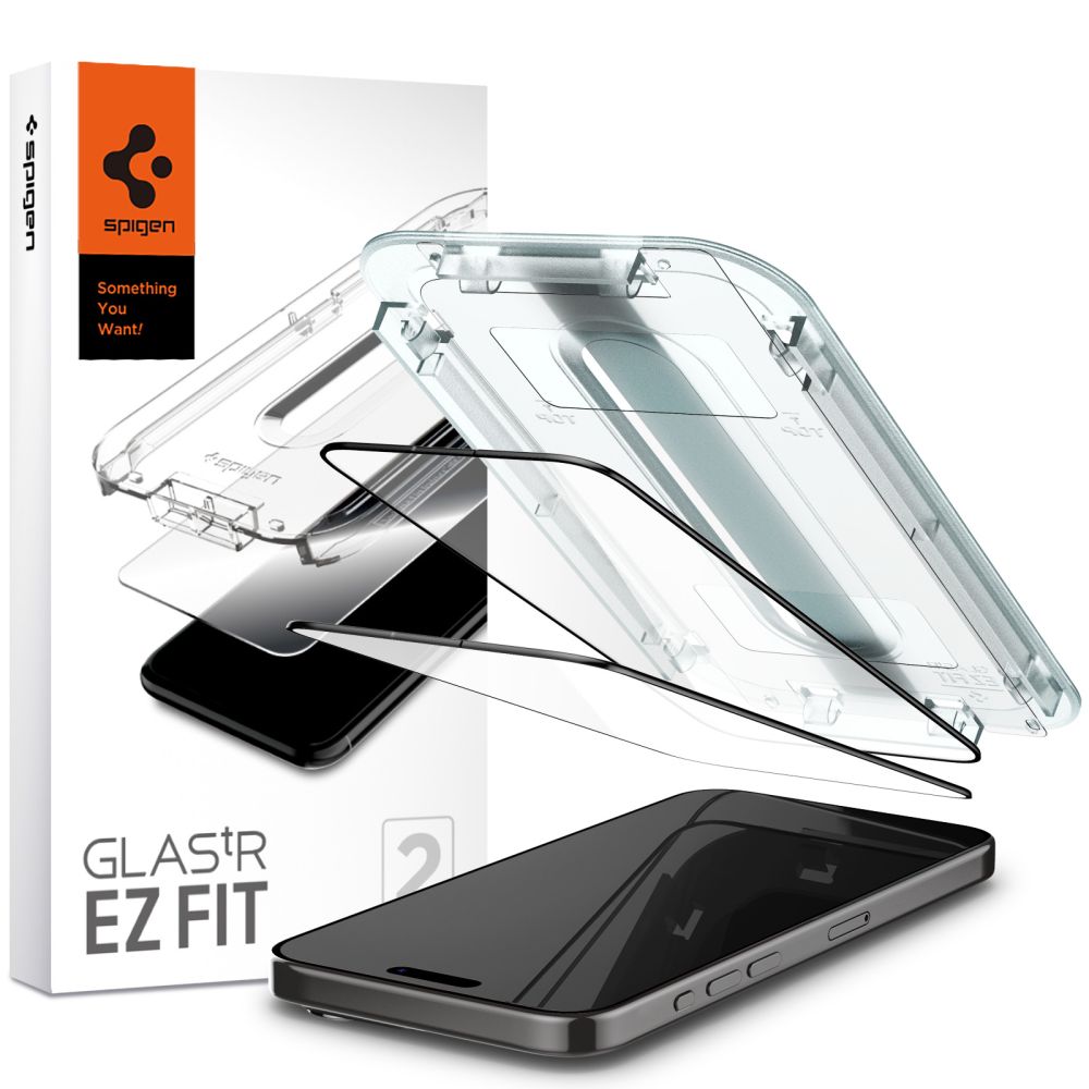 Spigen GlastR EZ FIT védőfólia Apple iPhone 15 Pro készülékhez, Edzett üveg, Teljes ragasztás, 2 darabos készlet, Fekete AGL06893