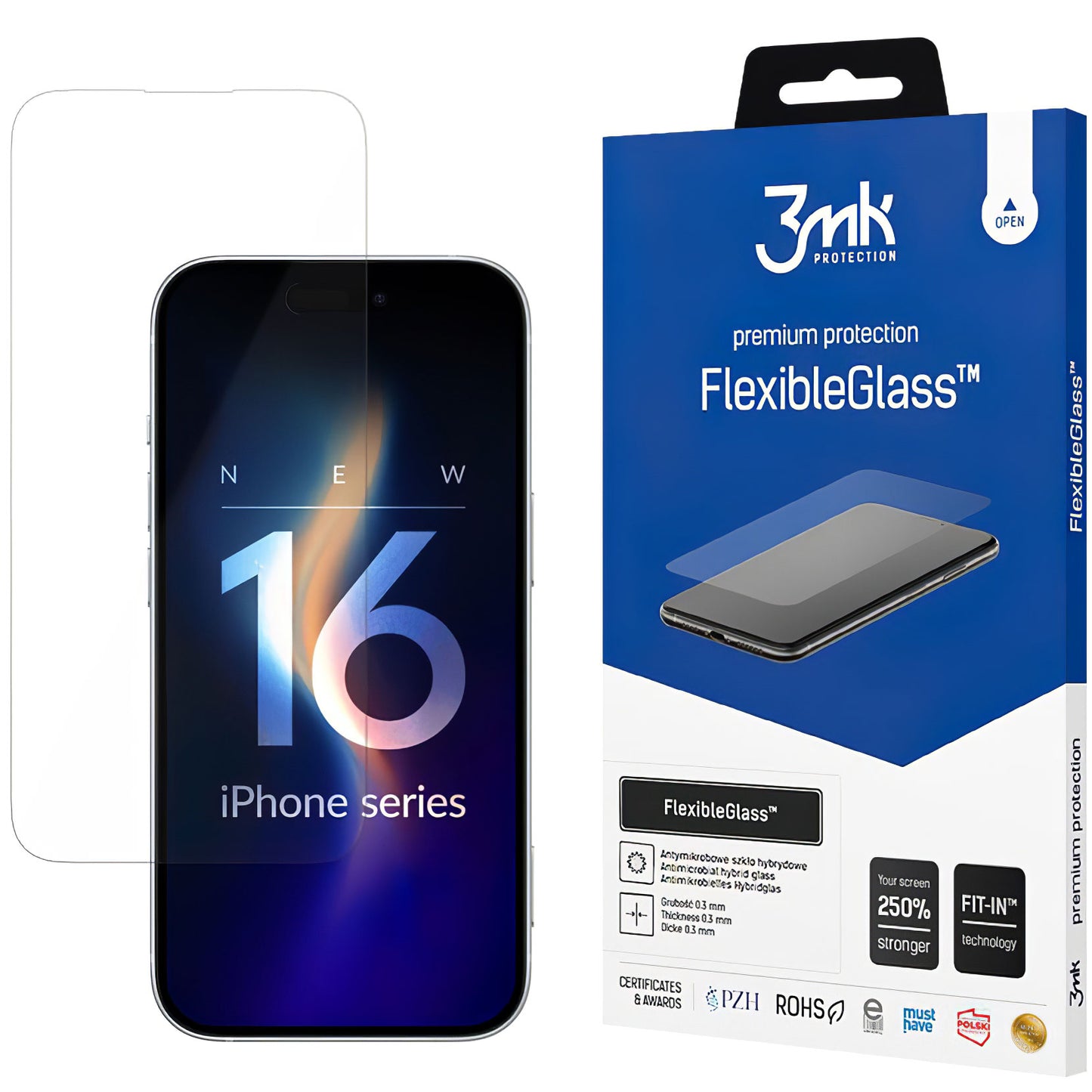 3MK FlexibleGlass képernyővédő fólia Apple iPhone 16-hoz, rugalmas üveg, teljes ragasztóval