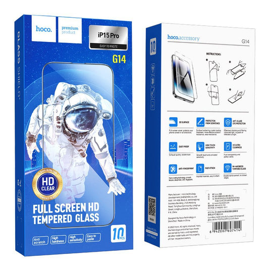 HOCO G14 képernyővédő fólia Apple iPhone 15 Pro-hoz, Edzett üveg, Teljes ragasztás, 10 darabos készlet, 5D, Fekete
