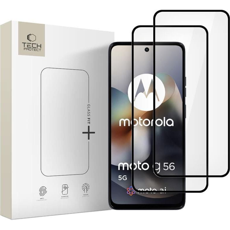 Tech-Protect FIT+ képernyővédő fólia Motorola Moto G56-hez, Edzett üveg, Teljes ragasztás, 2 darabos készlet, 2.5D, Fekete
