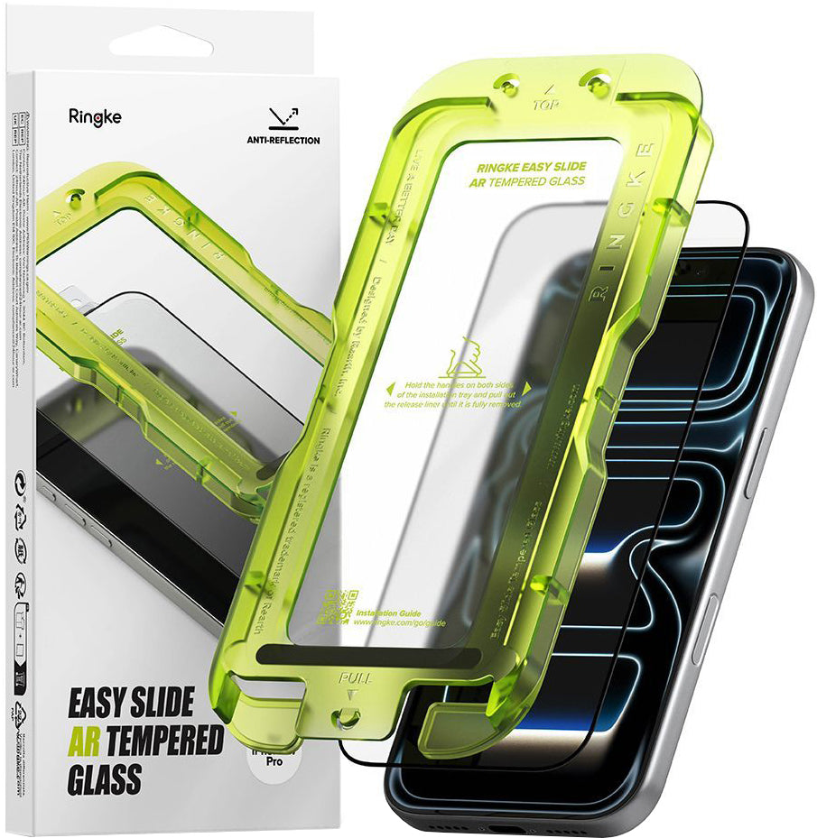 Ringke Easy Slide AR képernyővédő fólia Apple iPhone 17 Pro-hoz, Edzett üveg, Teljes ragasztó, 2.5D, Fekete