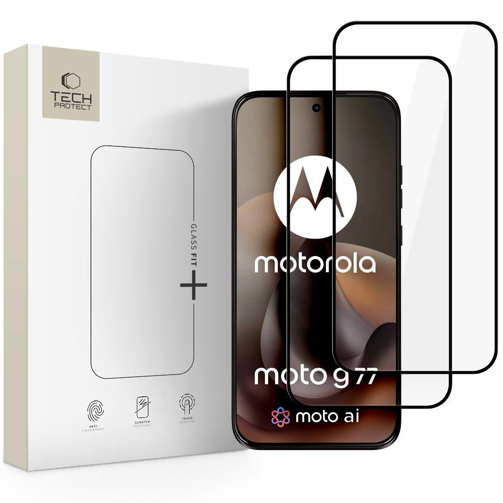 Tech-Protect FIT+ képernyővédő fólia Motorola Moto G77 / G67 készülékhez, edzett üveg, teljes ragasztó, 2 darabos készlet, 2.5D, fekete