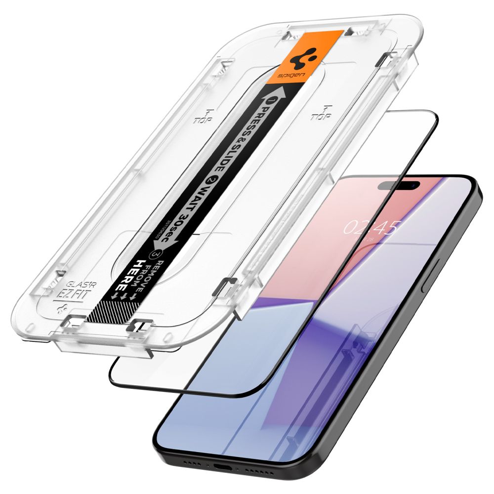 Spigen GlastR EZ FIT HD képernyővédő fólia Apple iPhone 15-höz, Edzett üveg, Teljes ragasztás, 2.5D, Fekete AGL06908