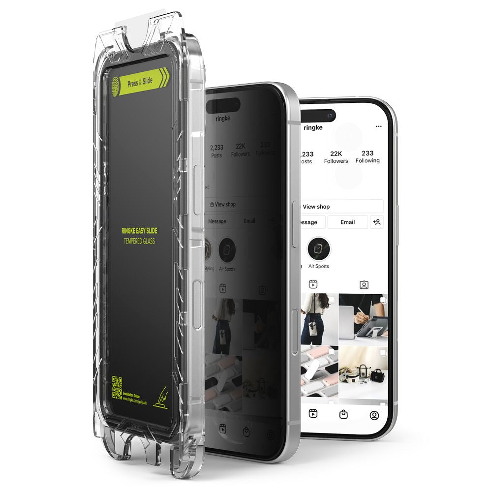 Ringke Easy Slide Privacy képernyővédő fólia Apple iPhone 16 / 15 készülékhez, Edzett üveg, Teljes ragasztás, 2 darabos készlet