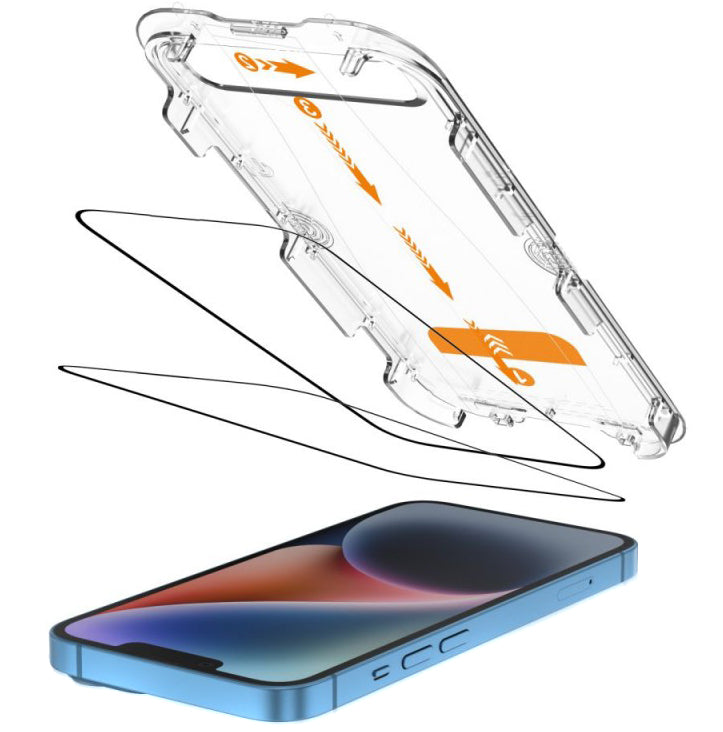 Tech-Protect Quick Set+ védőfólia Apple iPhone 17e / 16e / 14 / 13 Pro készülékekhez, Edzett üveg, Teljes ragasztás, 2 darabos készlet, Fekete