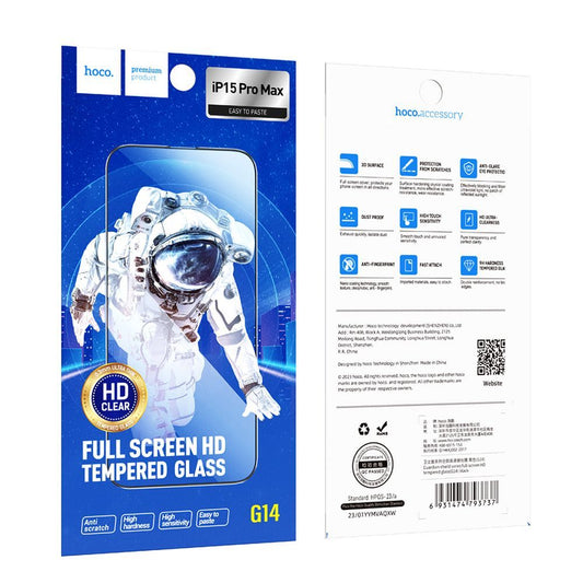 HOCO G14 képernyővédő fólia Apple iPhone 15 Pro Max készülékhez, Edzett üveg, Teljes ragasztás, 10 darabos készlet, 5D, Fekete