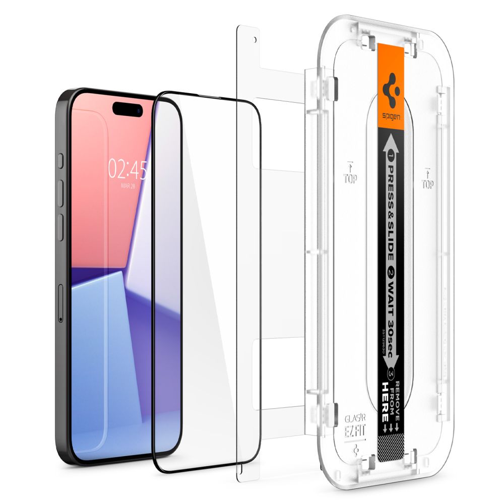 Spigen GlastR EZ FIT HD képernyővédő fólia Apple iPhone 15-höz, Edzett üveg, Teljes ragasztás, 2.5D, Fekete AGL06908