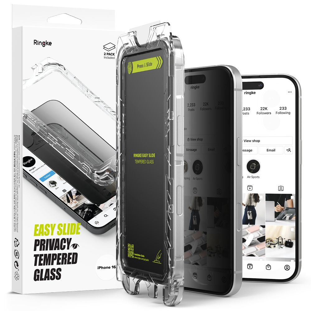 Ringke Easy Slide Privacy képernyővédő fólia Apple iPhone 16 / 15 készülékhez, Edzett üveg, Teljes ragasztás, 2 darabos készlet