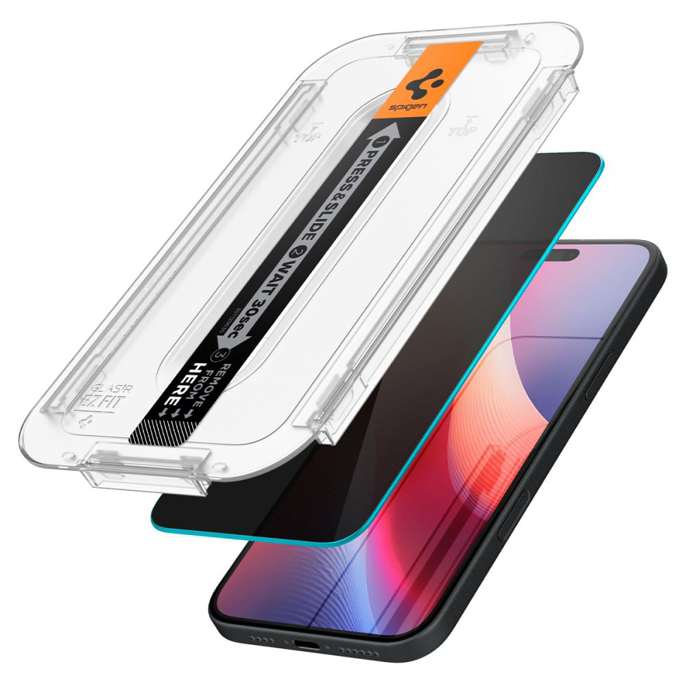 Privacy Spigen GlastR EZ FIT védőfólia Apple iPhone 16 / 15 készülékhez, Edzett üveg, Teljes ragasztás, 2 darabos készlet AGL06905