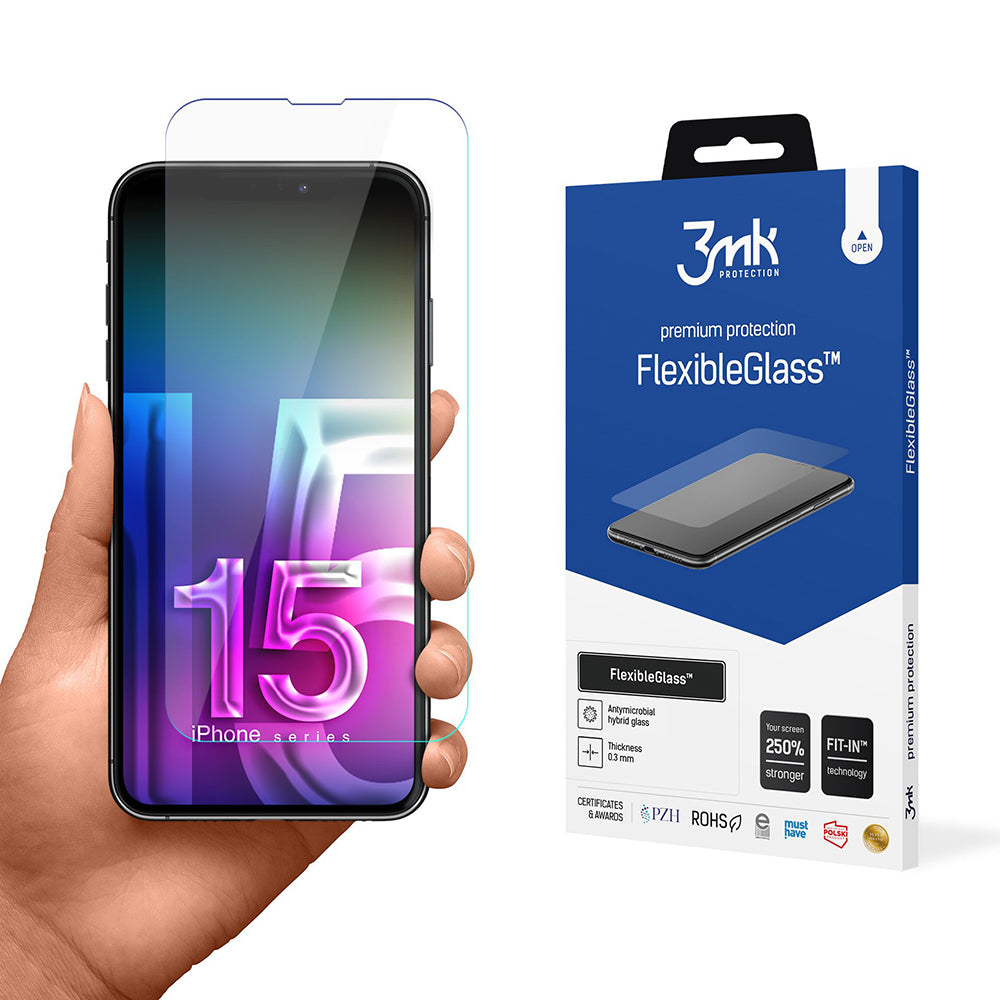3MK FlexibleGlass képernyővédő fólia Apple iPhone 15-höz, rugalmas üveg, teljes ragasztóval