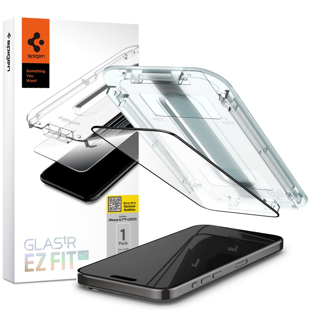 Spigen GlastR EZ FIT HD képernyővédő fólia Apple iPhone 15-höz, Edzett üveg, Teljes ragasztás, 2.5D, Fekete AGL06908
