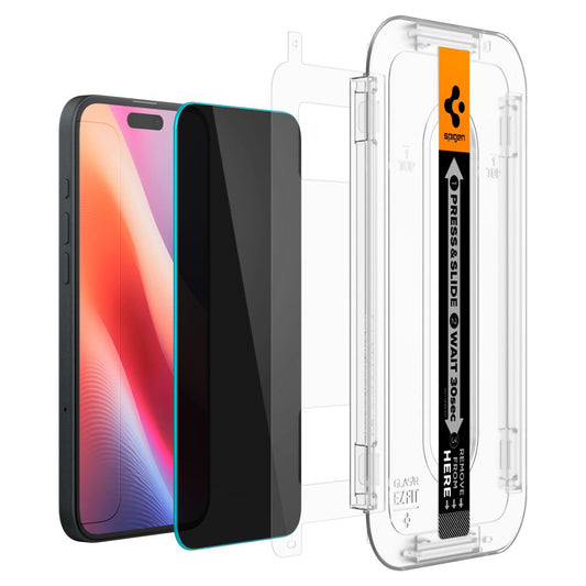 Privacy Spigen GlastR EZ FIT védőfólia Apple iPhone 16 / 15 készülékhez, Edzett üveg, Teljes ragasztás, 2 darabos készlet AGL06905