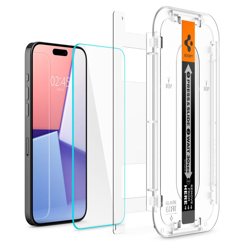 Spigen GlastR EZ FIT védőfólia Apple iPhone 15 Pro Max készülékhez, Edzett üveg, Teljes ragasztás, 2 darabos készlet AGL06872